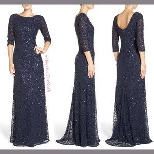 NEW $328 Adrianna Papell Sequin 3/4 Sleeve Gown in Navy‎ Blue [SIZE 2 US ]